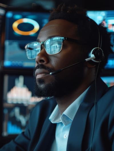 Man with glasses in room filled with screens and data
