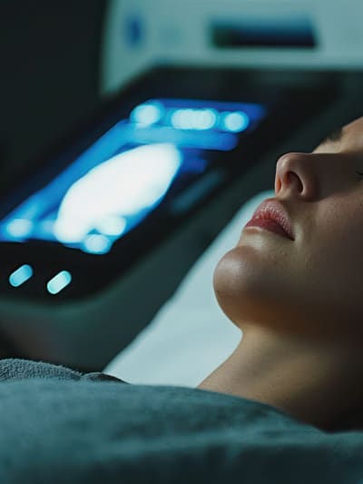 Patient with eyes closed undergoing a scan