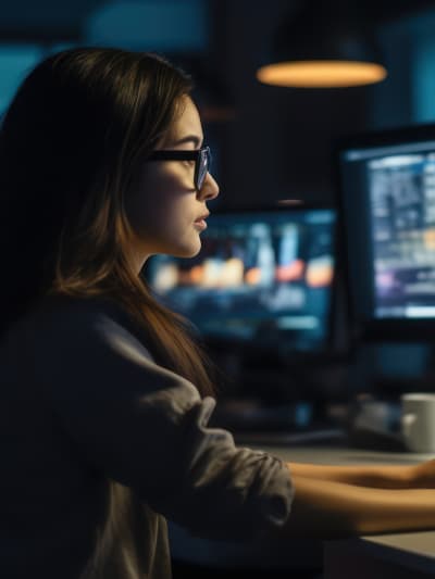 A bespectacled, brunette woman is sitting at her workspace and looking at her laptop in a dimly lit office.