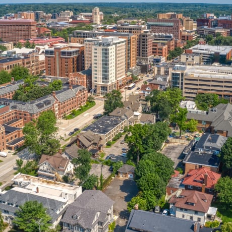 Aerial view of government buildings in Washtenaw County.