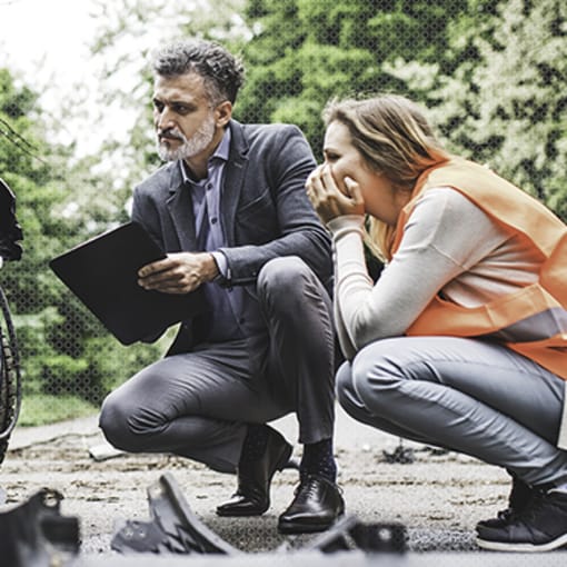 Two people kneel to inspect vehicular damage after an auto accident.