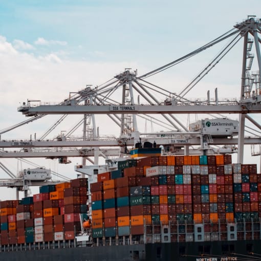 Transport ship laden with cargo containers.