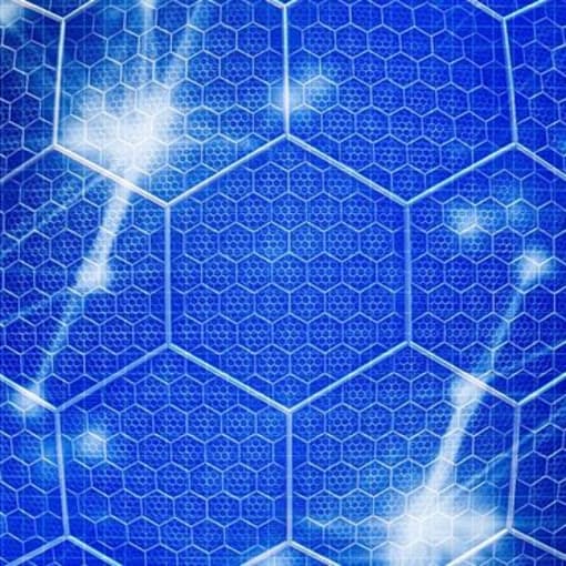 Digital imagery of white hexagons and connected dots against a blue background.