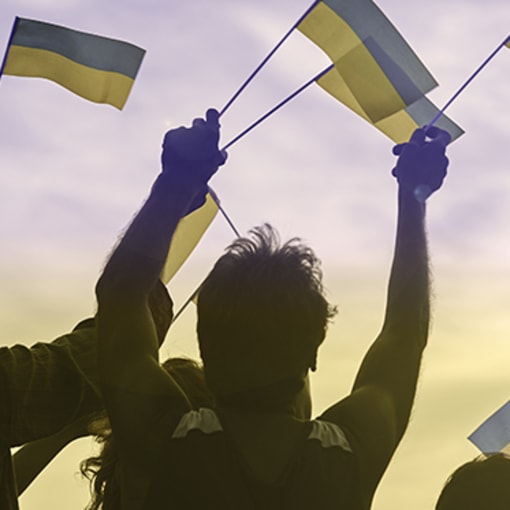 People wave miniature flags of Ukraine.