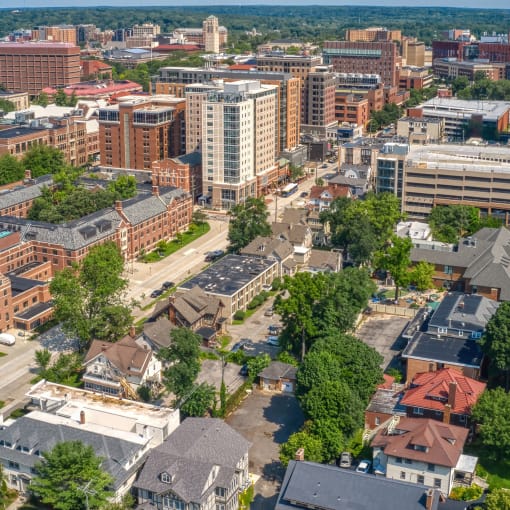 An aerial shot of the city of Ann Arbor, Michigan.