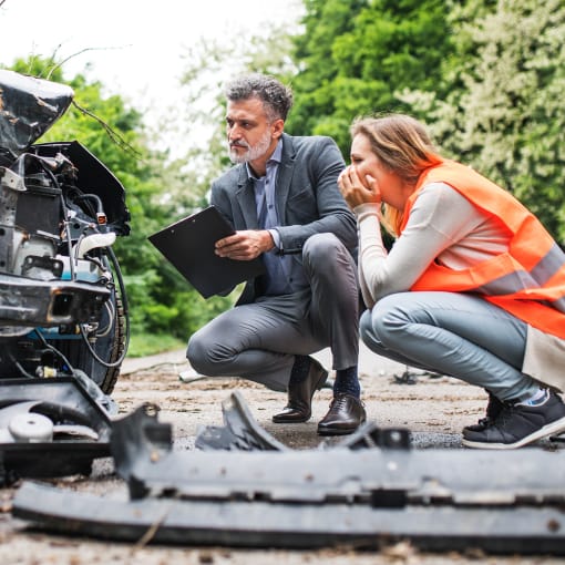 Man and woman examine damage to a car after an accident