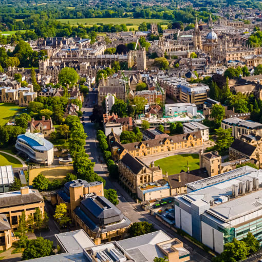 An aerial view of Oxford, England, home of Oxford University. 