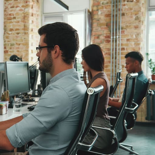 Three people work in an open office, working on desktop computers at a long desk.