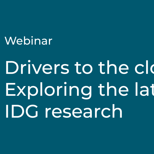 Webinar title, "Drivers to the cloud: Exploring the latest IDG research," in white text on a blue background.