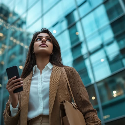 Young Indian woman in business casual attire, holding her phone and looking up at the sky outside while walking on street with glass buildings behind her