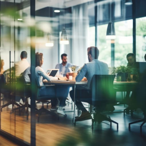 An external view of people sitting in a meeting room through a glass wall.
