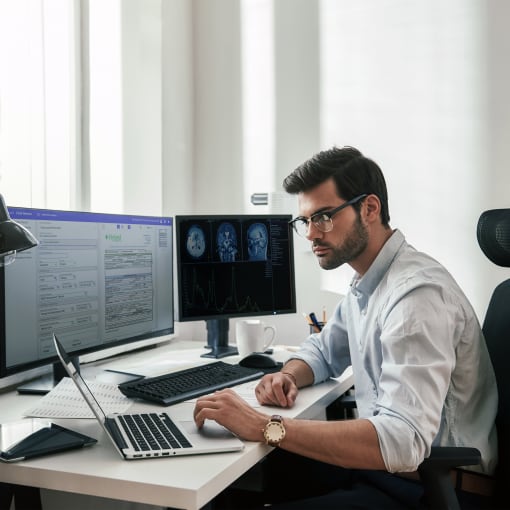 Healthcare worker checks laptop while processing electronic documents.