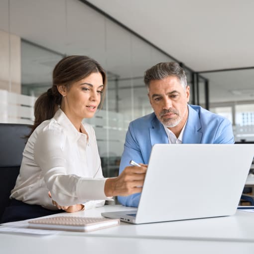 Two professionals discussing while looking over a content in a work laptop.