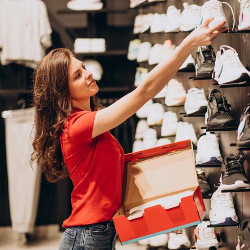 A person organizing the products in a shoe store.