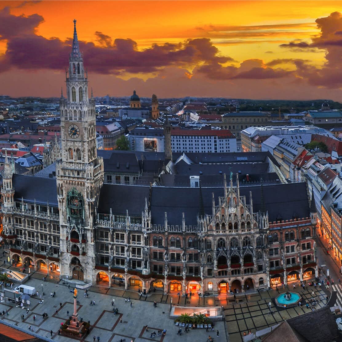 Exterior aerial view of Munich at sunset