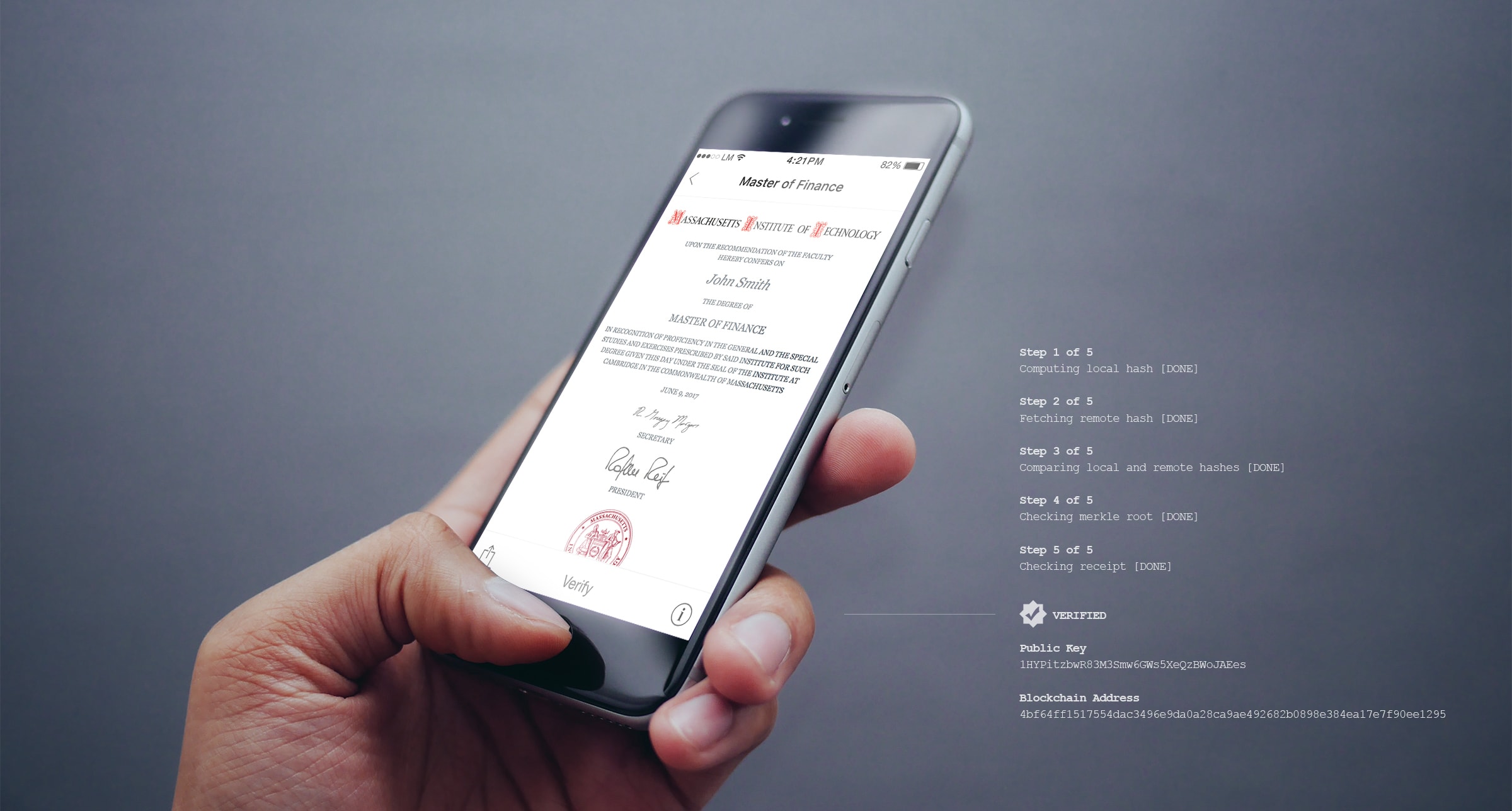 Hand holding phone viewing an MIT digital diploma with step by step instructions to verify