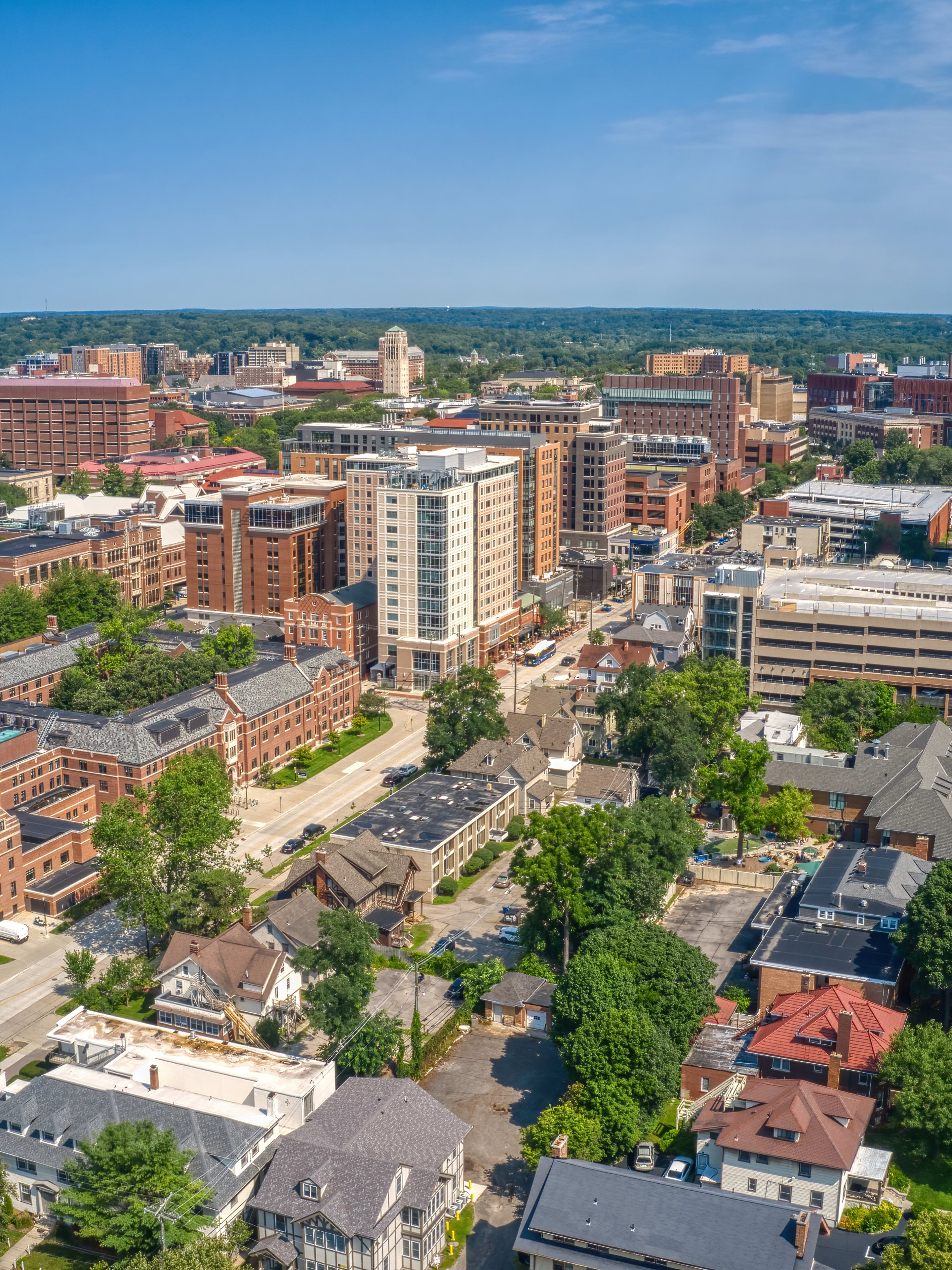 An aerial shot of the city of Ann Arbor, Michigan.