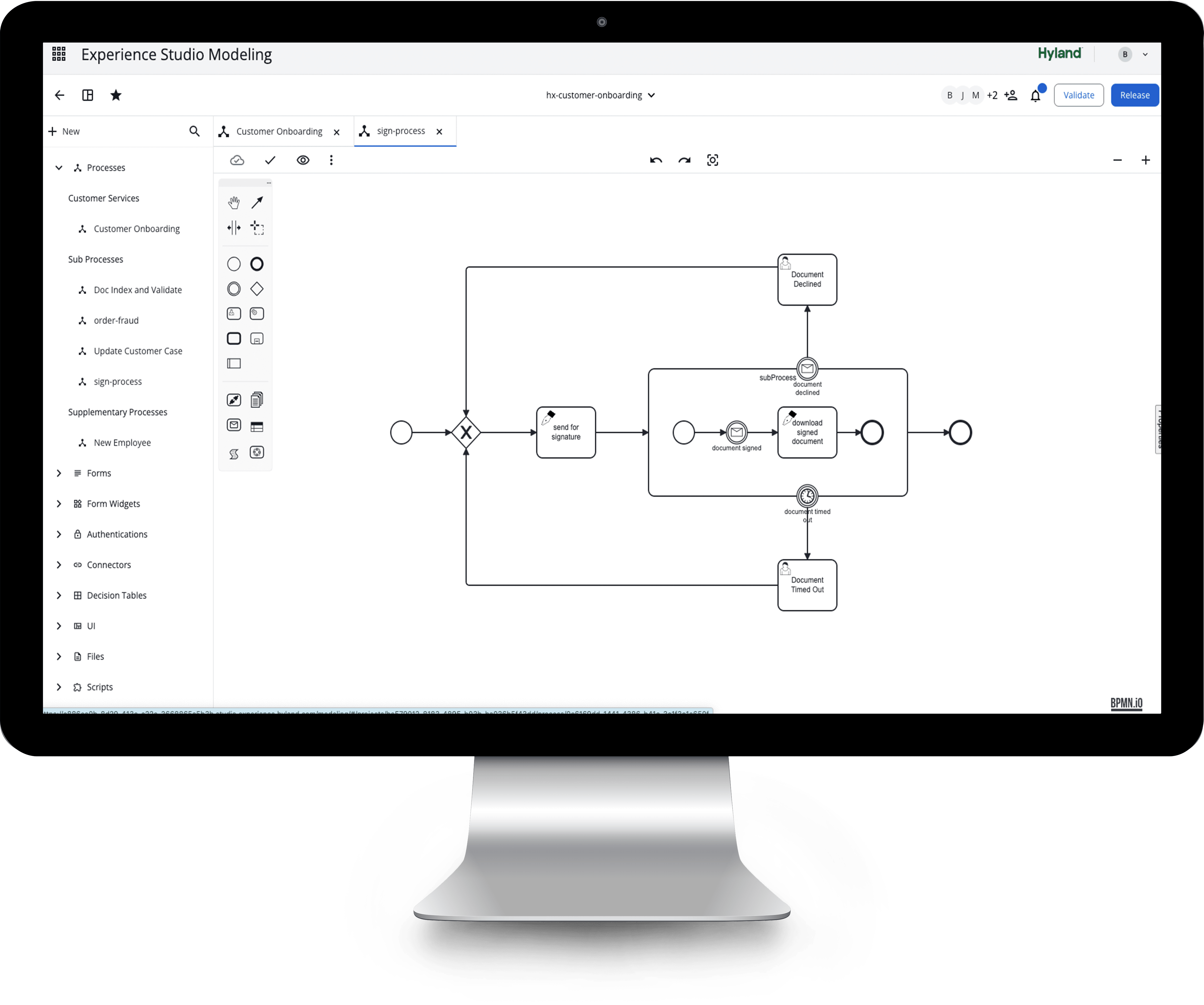 Hyland Automate screen showing how users can add subprocesses, such as the “document declined” pathway