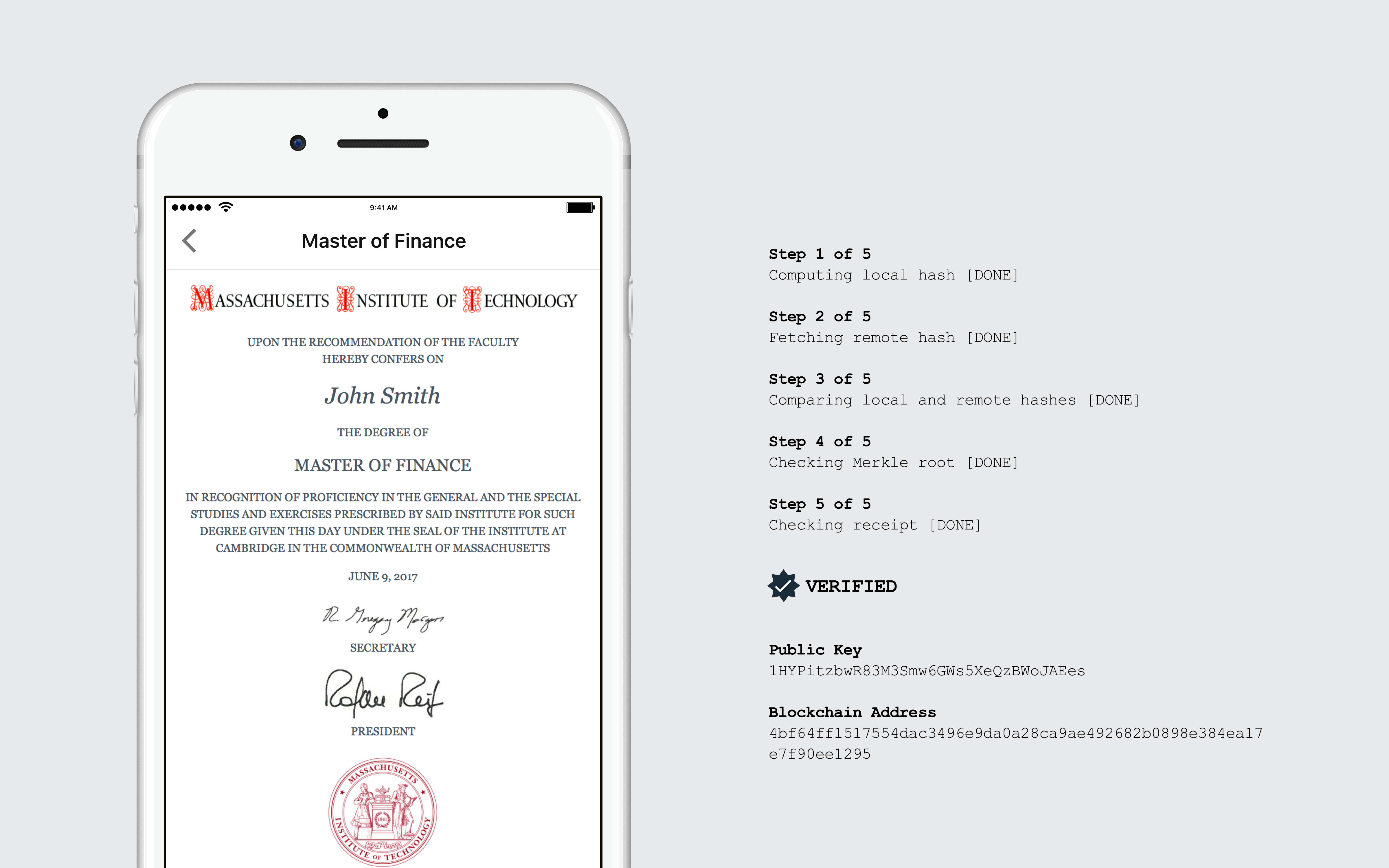 Side by side view of a phone showing a digital diploma with step-by-step instructions on how to verify the diploma