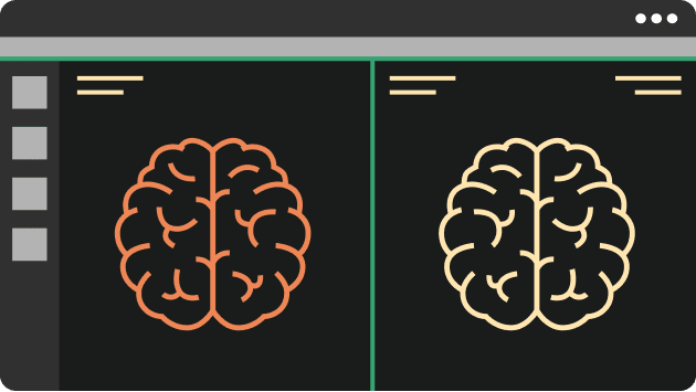 Graphic of two brain visualizations on a black computer screen. 