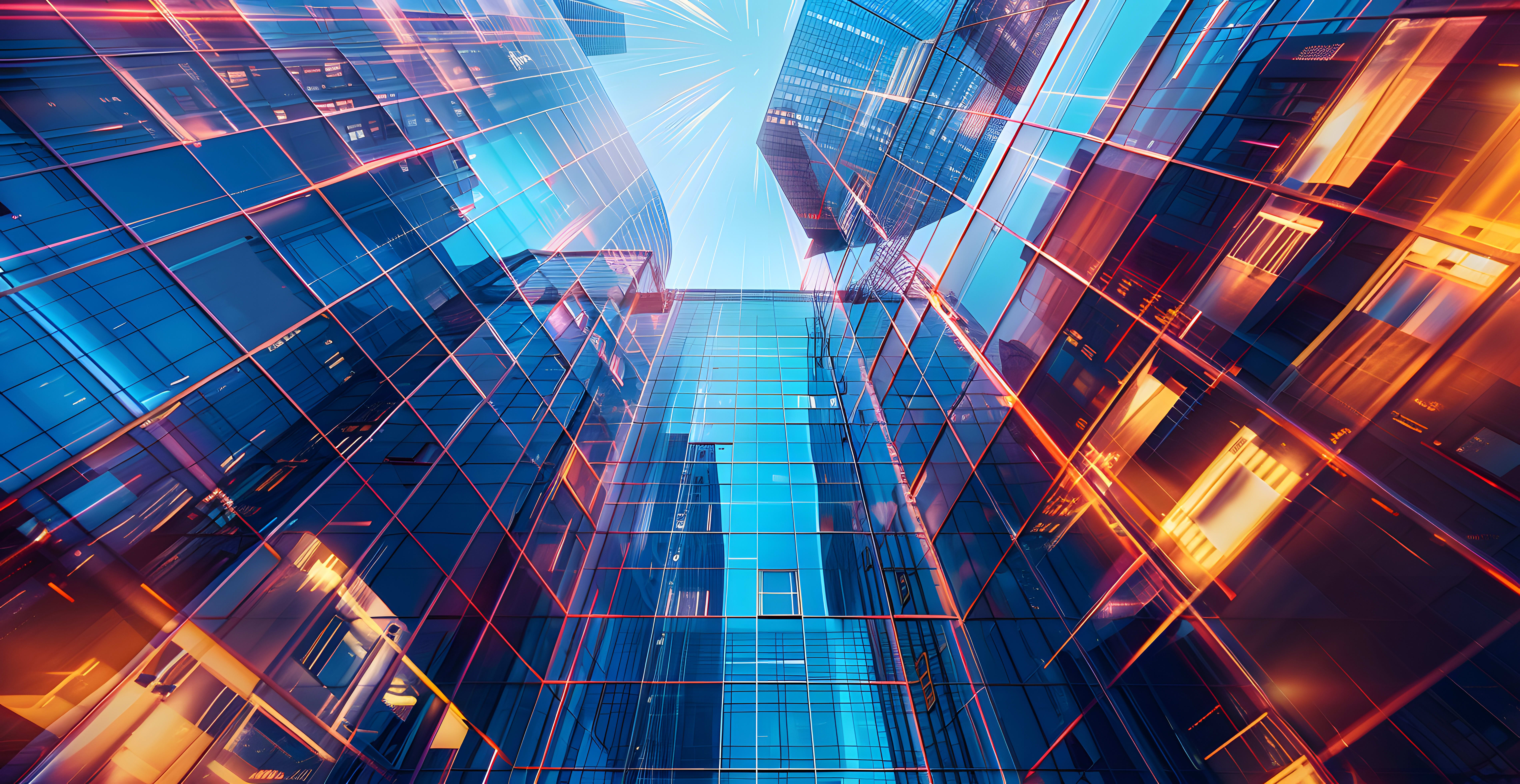 A low angle view of a high-tech glass office building, with dynamic lighting.