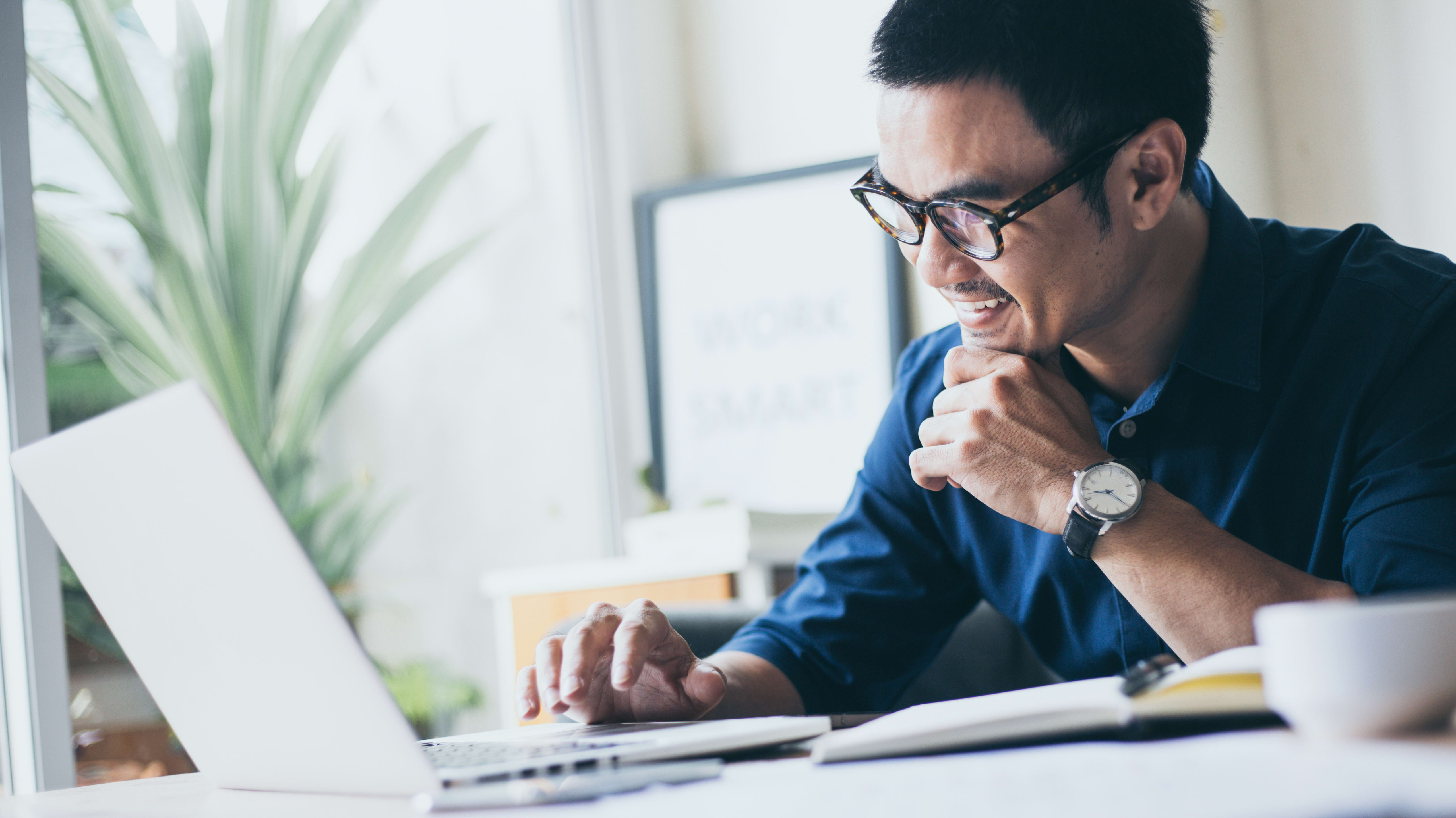 A young business person sits in an office with a laptop and a lush green plant.