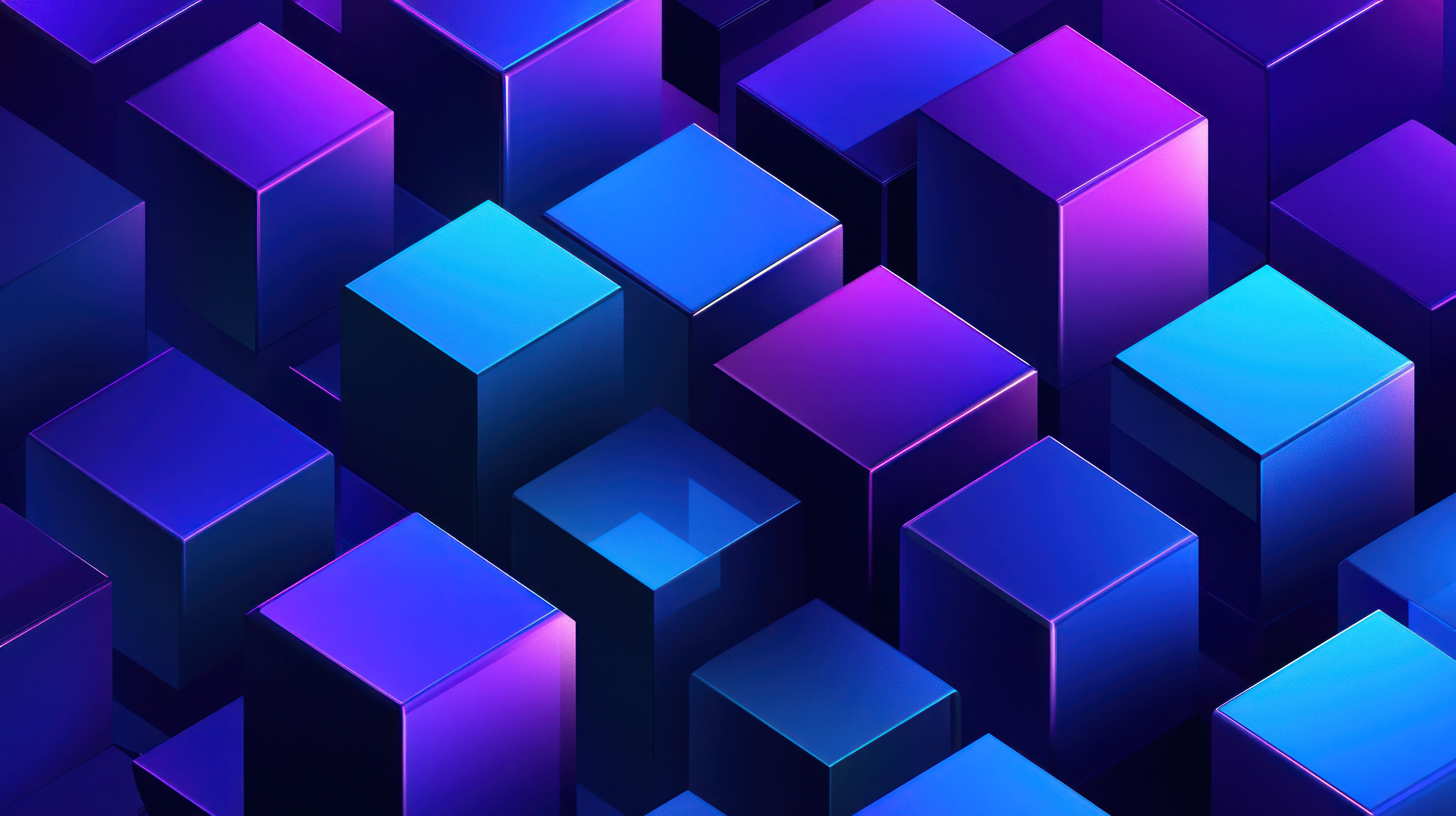 Abstract arrangement of glossy, 3D cubes in vibrant shades of blue and purple, creating a visually striking geometric pattern.
