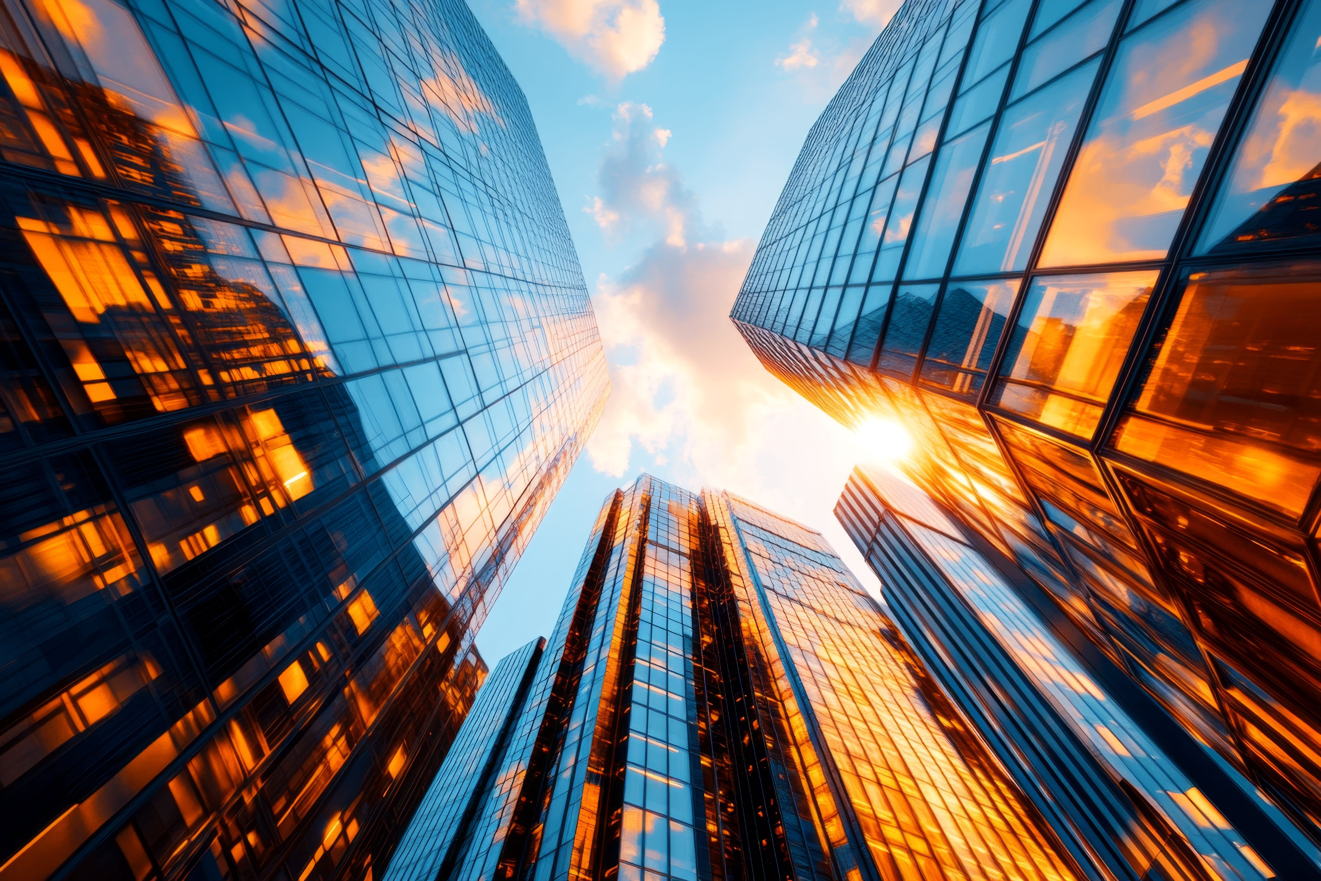 A low-angle view of towering skyscrapers reflecting a sunset in the evening.