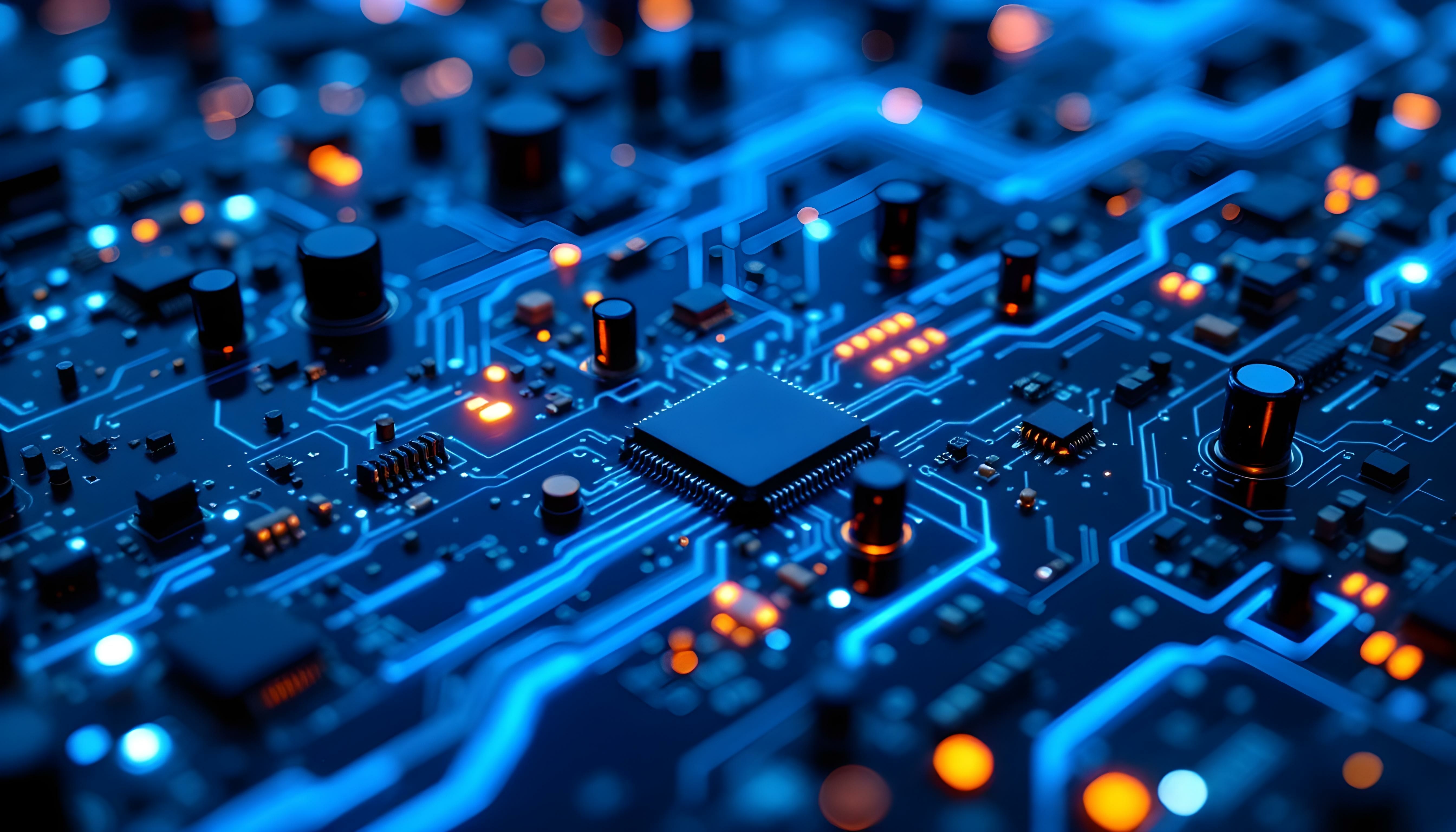 A close-up of a blue circuit board showcasing intricate patterns, microchips, and glowing orange and blue lights.