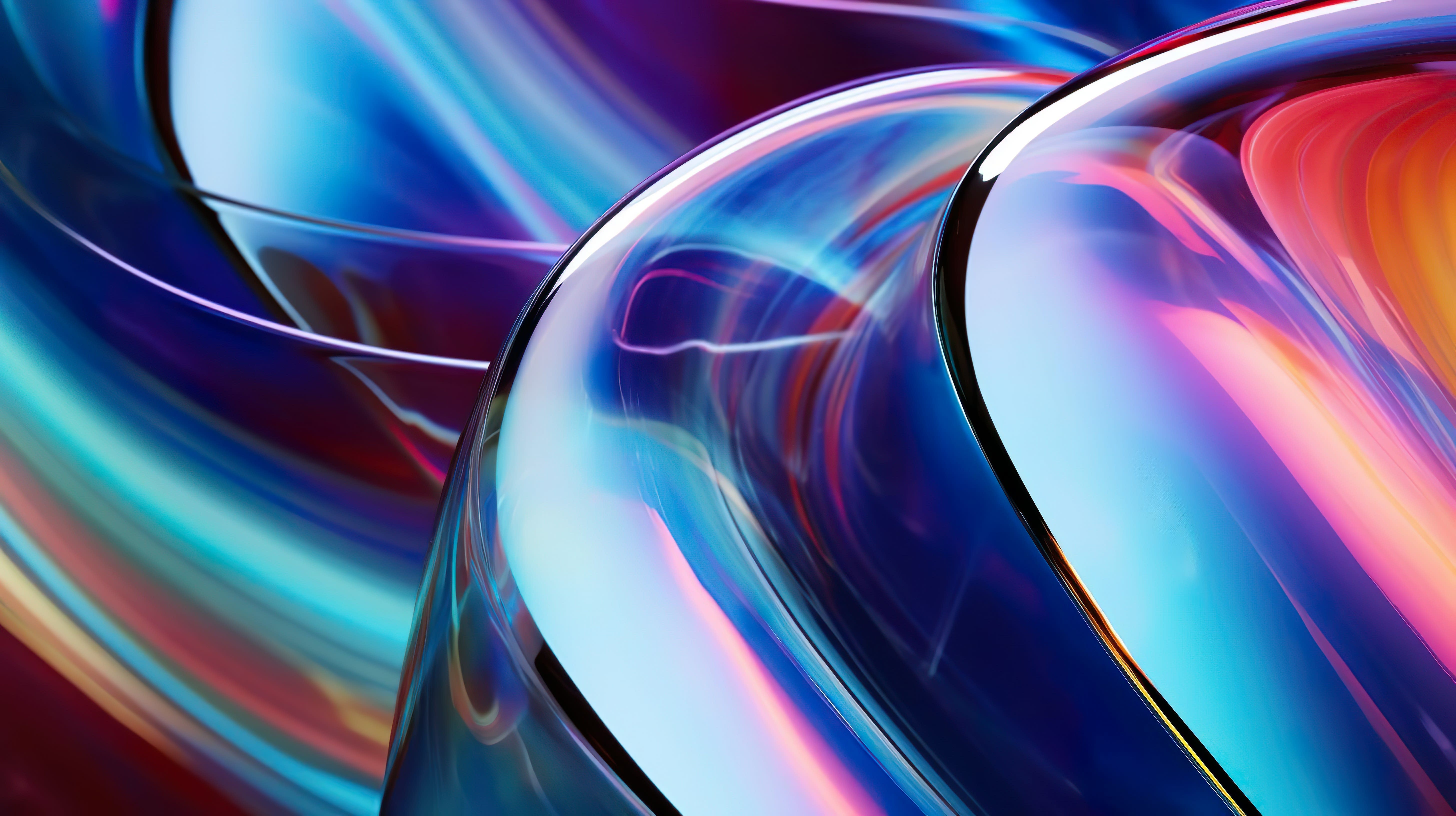 An close-up of an abstract, glass-like render reflecting multiple neon colours and light lines.