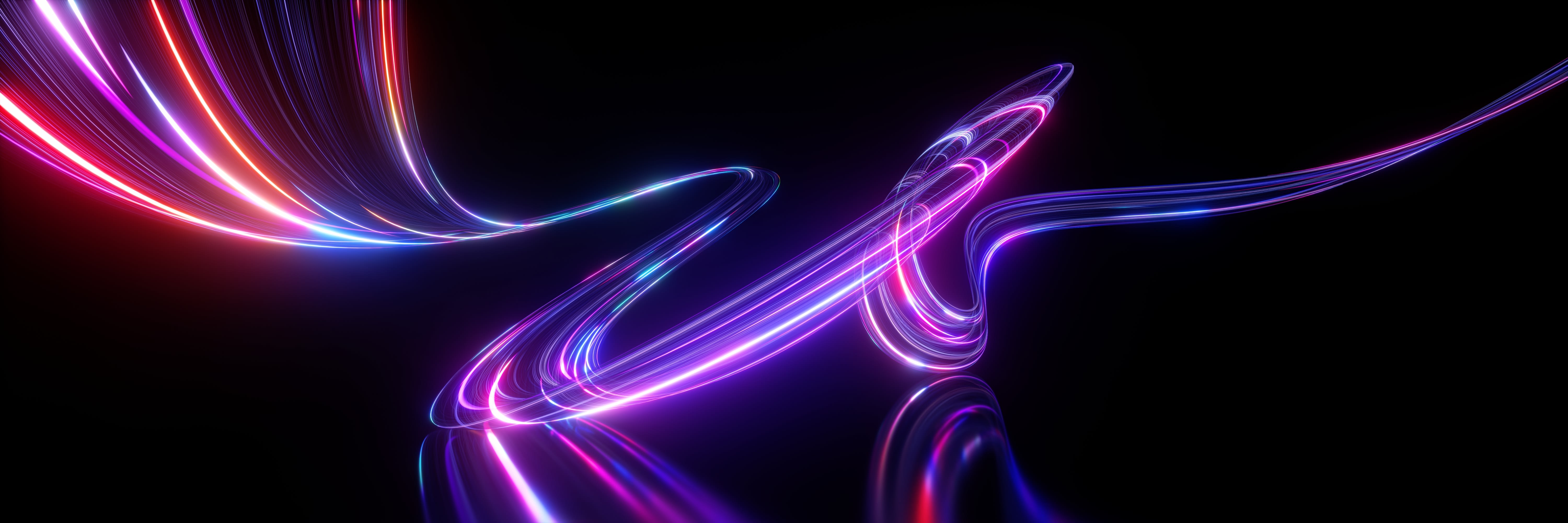 An abstract, 3D render of a purple-red neon light ribbon against a black background.