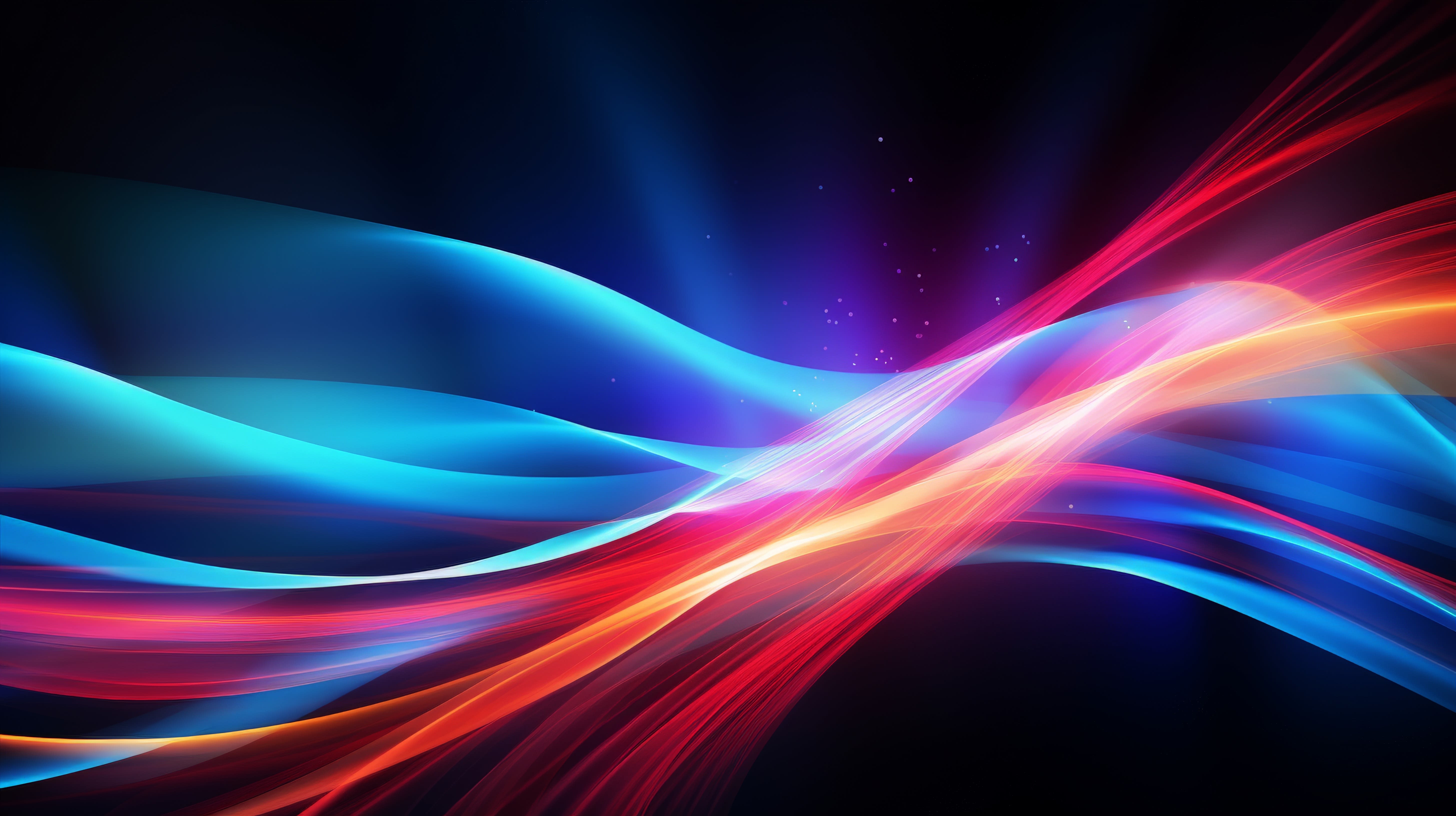 Vibrant waves of blue, red, and orange light swirl dynamically against a dark background, depicting energy and movement.