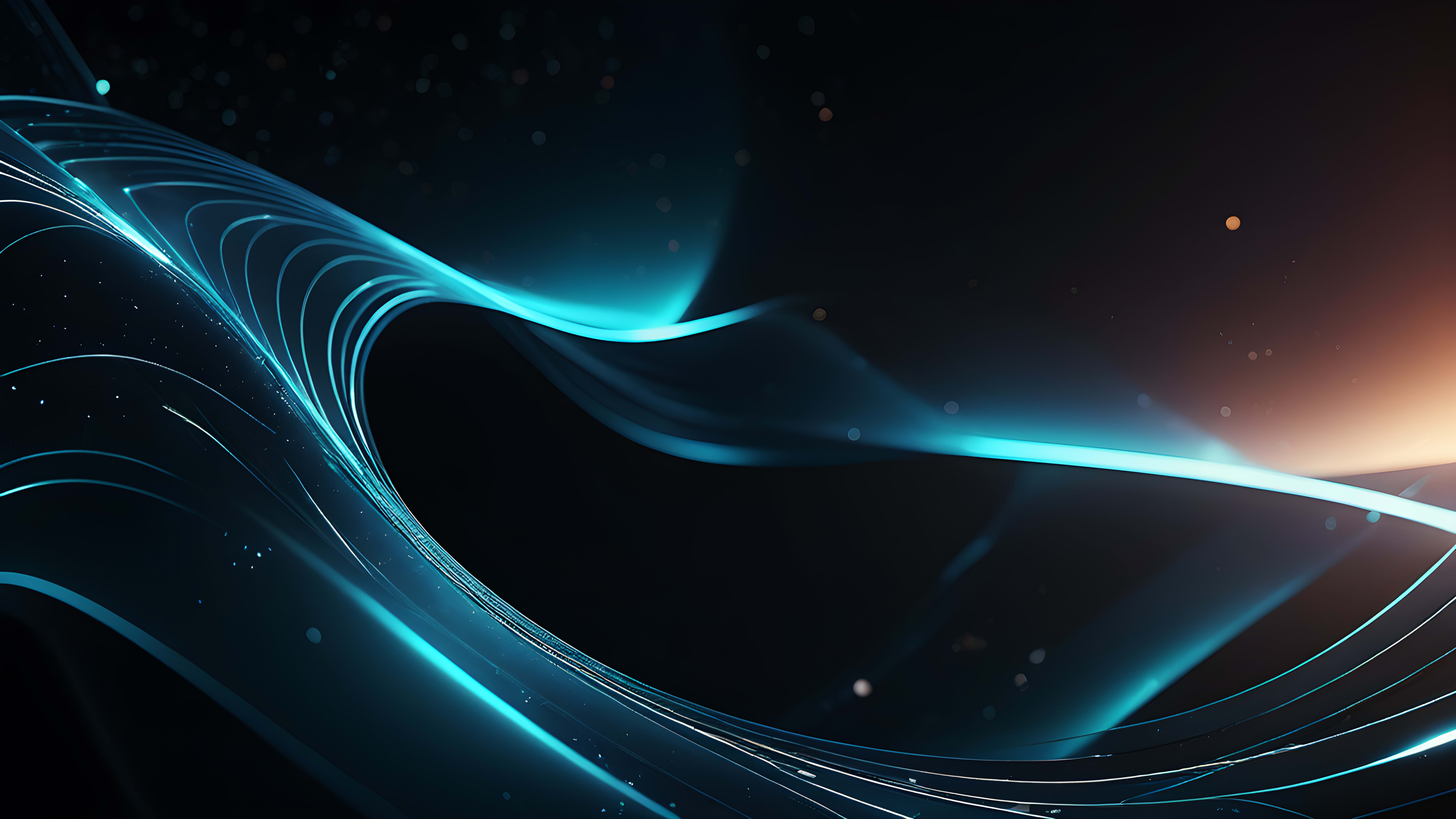 Abstract image of smooth, flowing blue and turquoise lines with glowing highlights against a dark background.