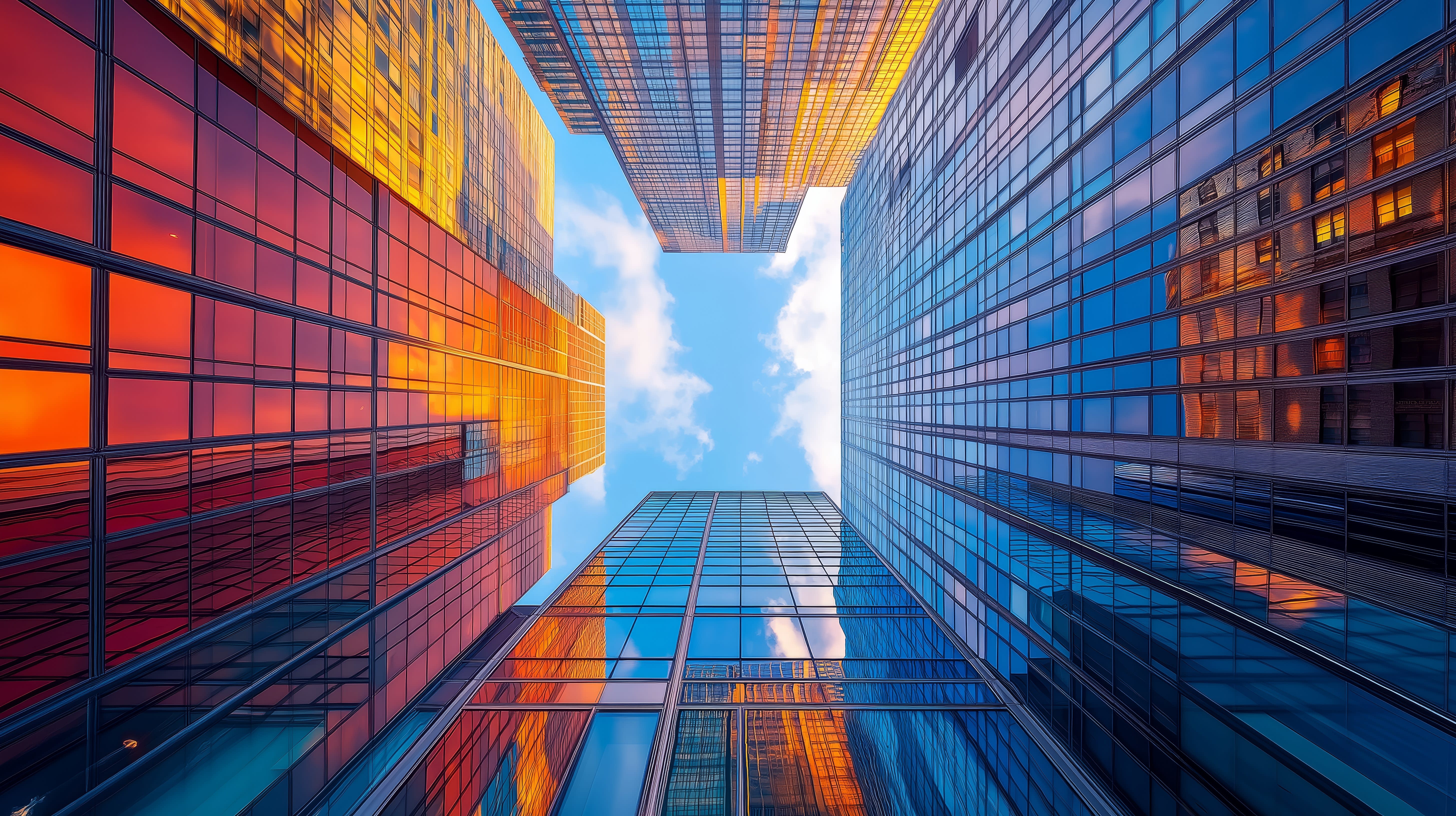 An upward, wide angle view of the morning sky, with orange hues reflecting off the glass facades of the surrounding skyscrapers.
