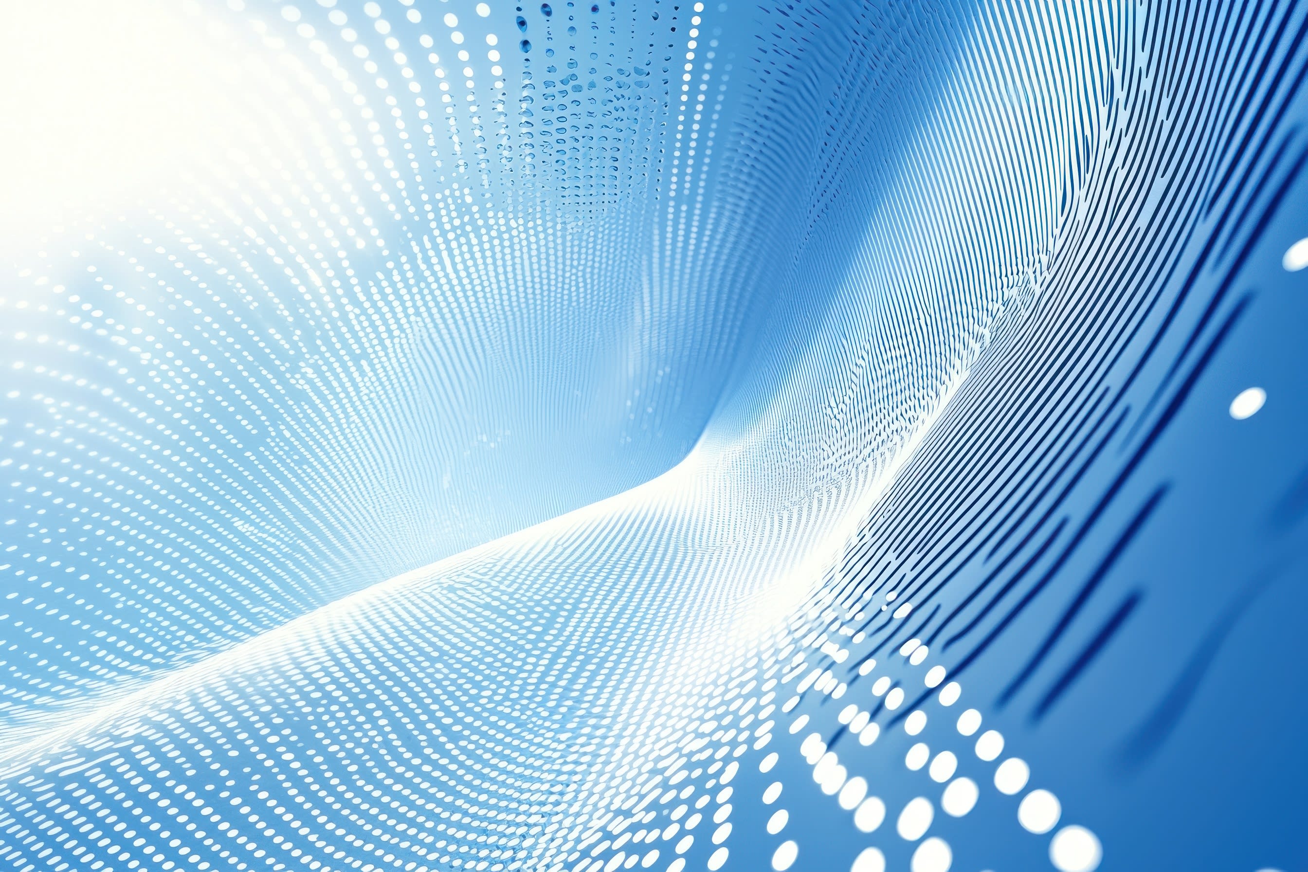 An abstract digital background with rippling wave-like patterns of dots and lines in a blue and white gradient.