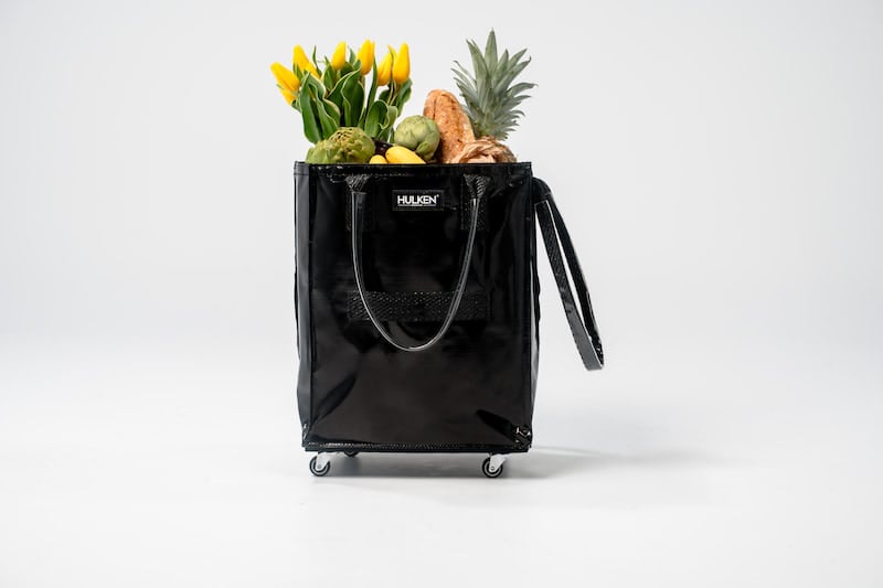 black Hulken foldable rolling tote bag with steel swivel wheels