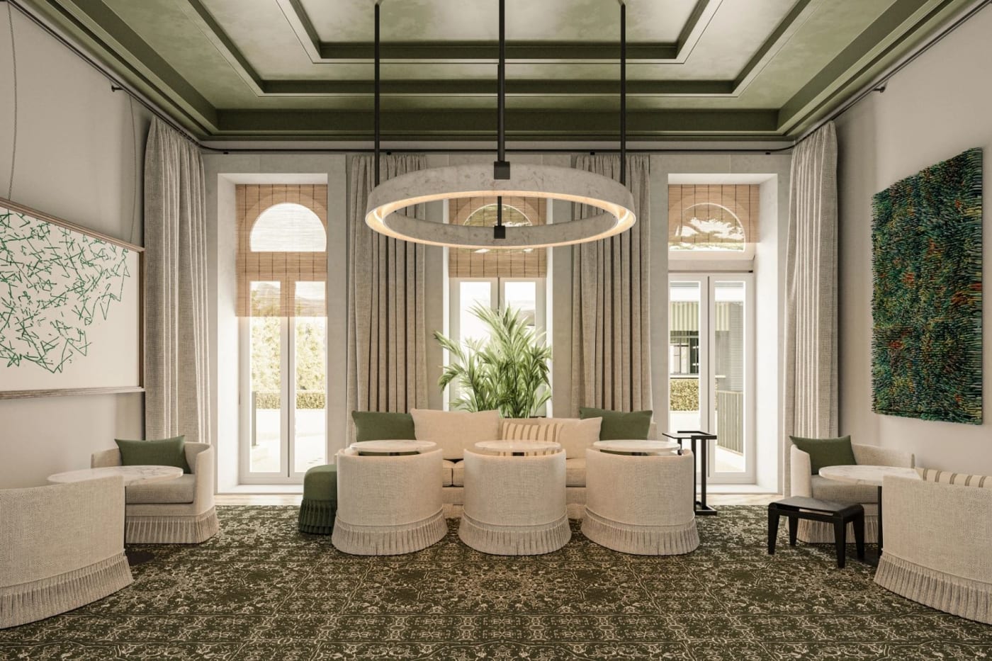 The drawing room at JNcQUOI House in Lisbon, with a green ceiling and cream armchairs