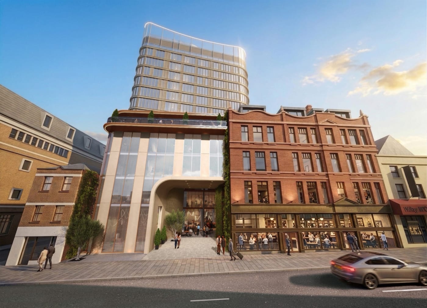 Rendering of The Ann hotel in Belfast: a set-back glass tower, a porched entrance and the restored Jamison and Green brick building