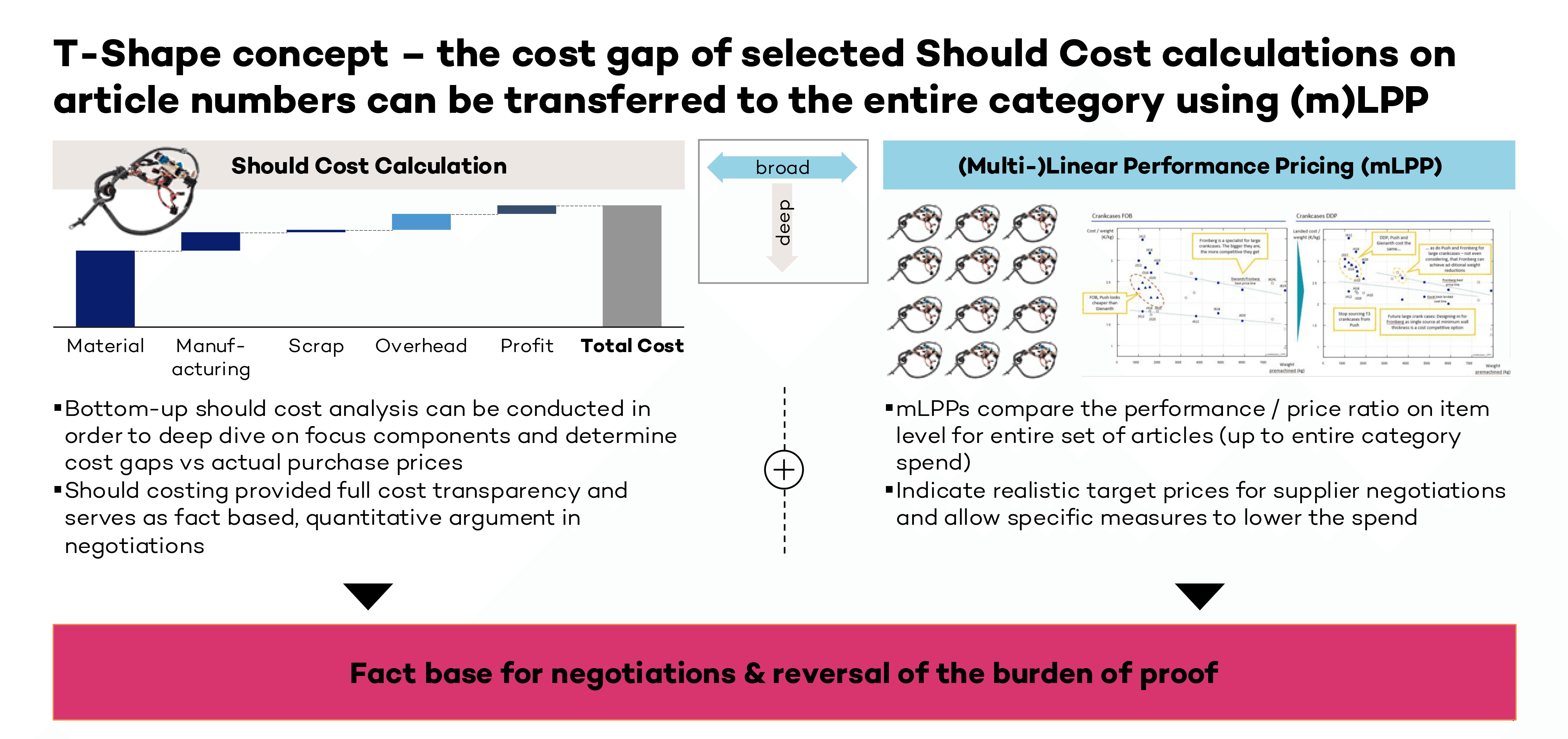 T-Shape concept - the cost gap of selected Should Cost calculations on artcle numbers can be transferred to the entire category using (m)LPP