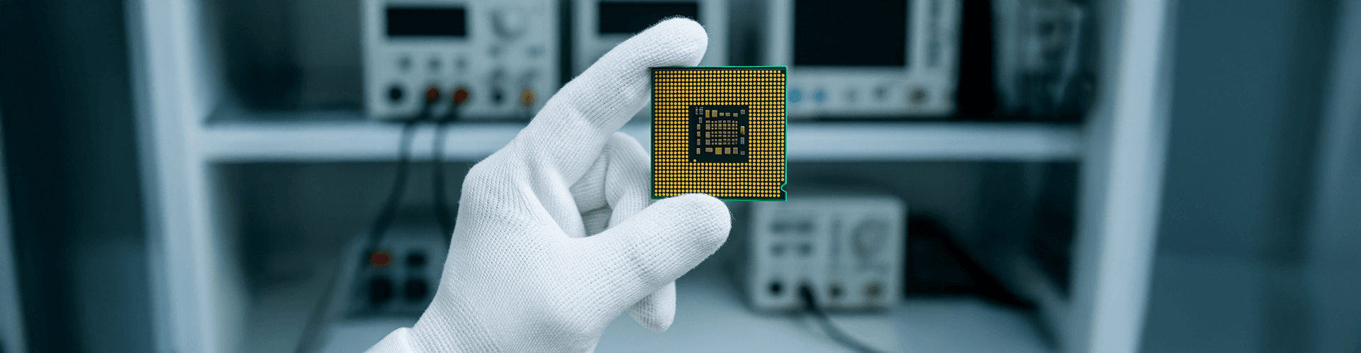 Gloved hand holding microchip in front of lab equipment