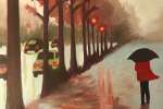 Chicago - canvas of a woman walking the stree under the rain Shot