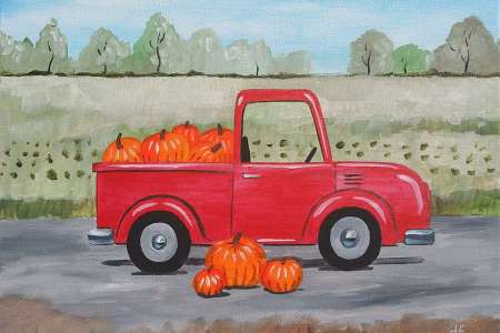 Old Red Pickup with Pumpkins