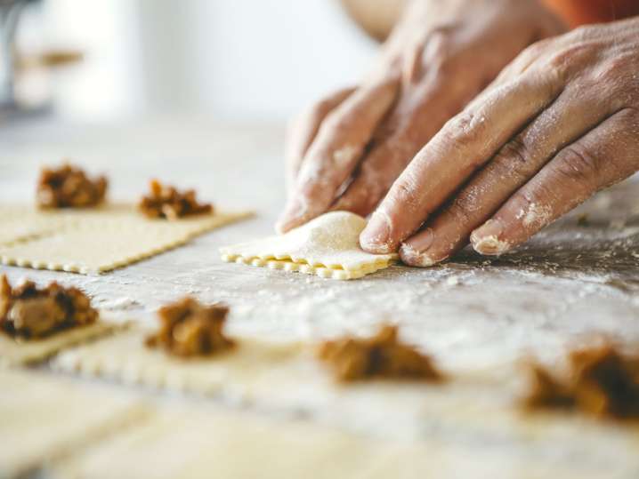 Making sausage filled ravioli Shot