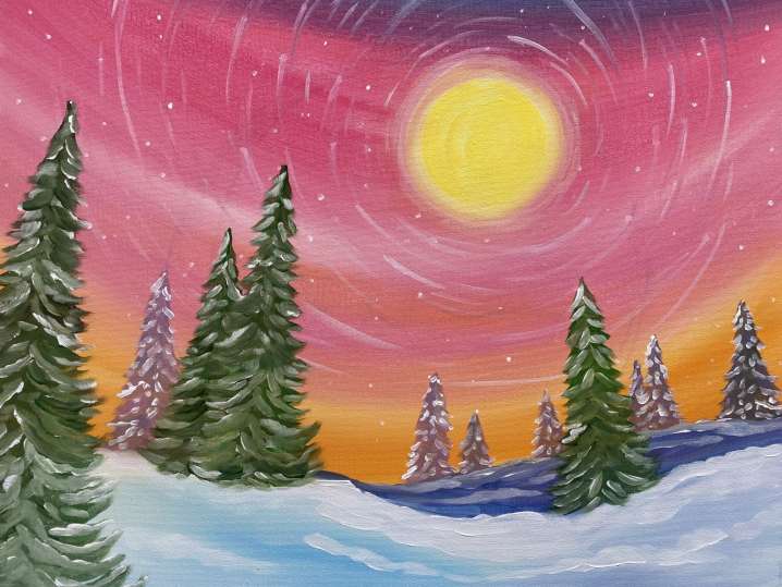 Paint and Sip - Sunrise Winter Trees - Orange County | Classpop!