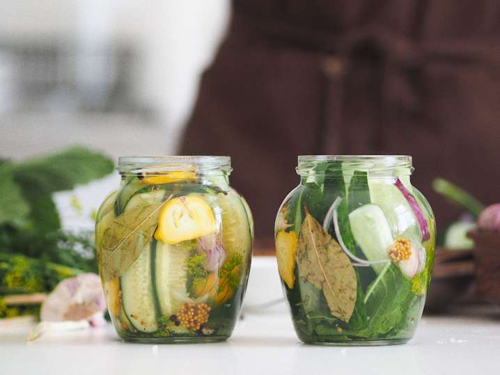 Boston - Clear Glass Jar With Green Leaves and Vegetables Shot