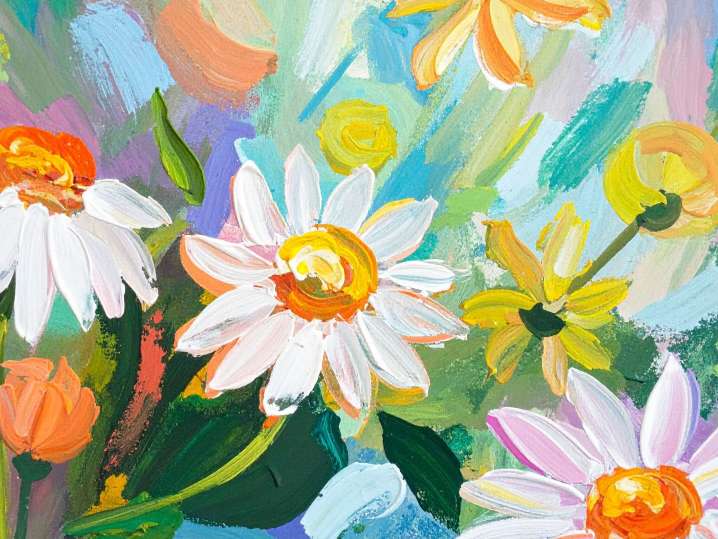 Portland - Vibrant floral painting featuring bold brushstrokes of daisies in bright colors Shot