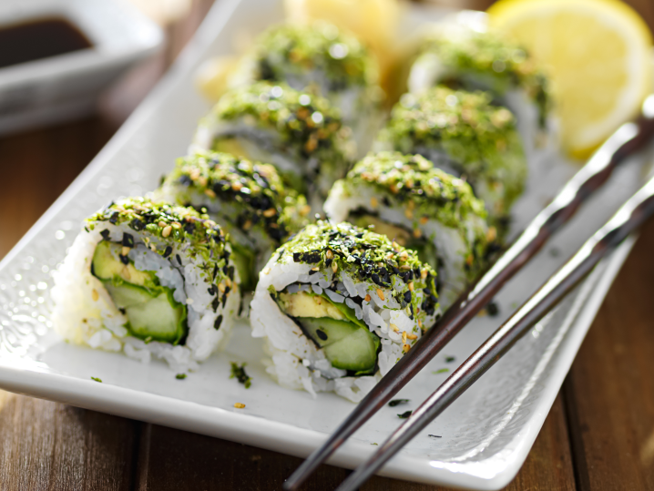 Dallas - veggie sushi roll elegantly garnished and plated Shot