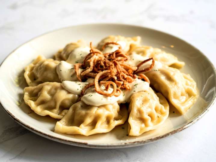 Varenyky pierogies with sour cream and onion garnish | Classpop Shot