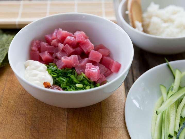 sushi ingredients with fresh tuna, cucumber, and rice Shot