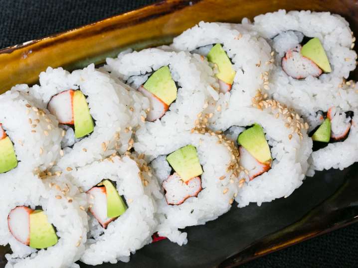 imitation crab, cucumber, and avocado for making a california roll Shot